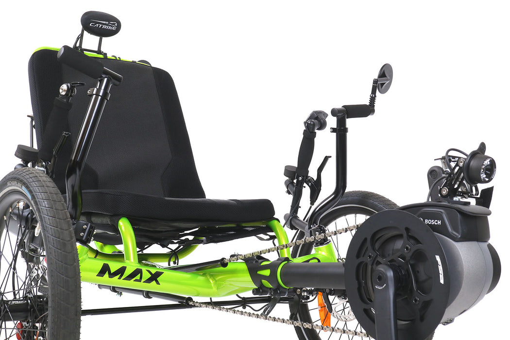Catrike Max Bosch eCat Eon Green Recumbent Trike with Accessories, studio front detail view