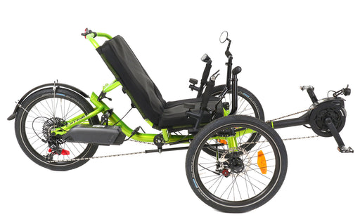 Catrike Max Recumbent Trike with Bosch motor, 20 inch wheels, stand up assist bars in Eon Green frame, right profile view