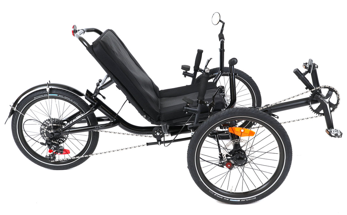 catrike max electric blue adult recumbent tadpole trike tricycle in Liquid Black, right side view