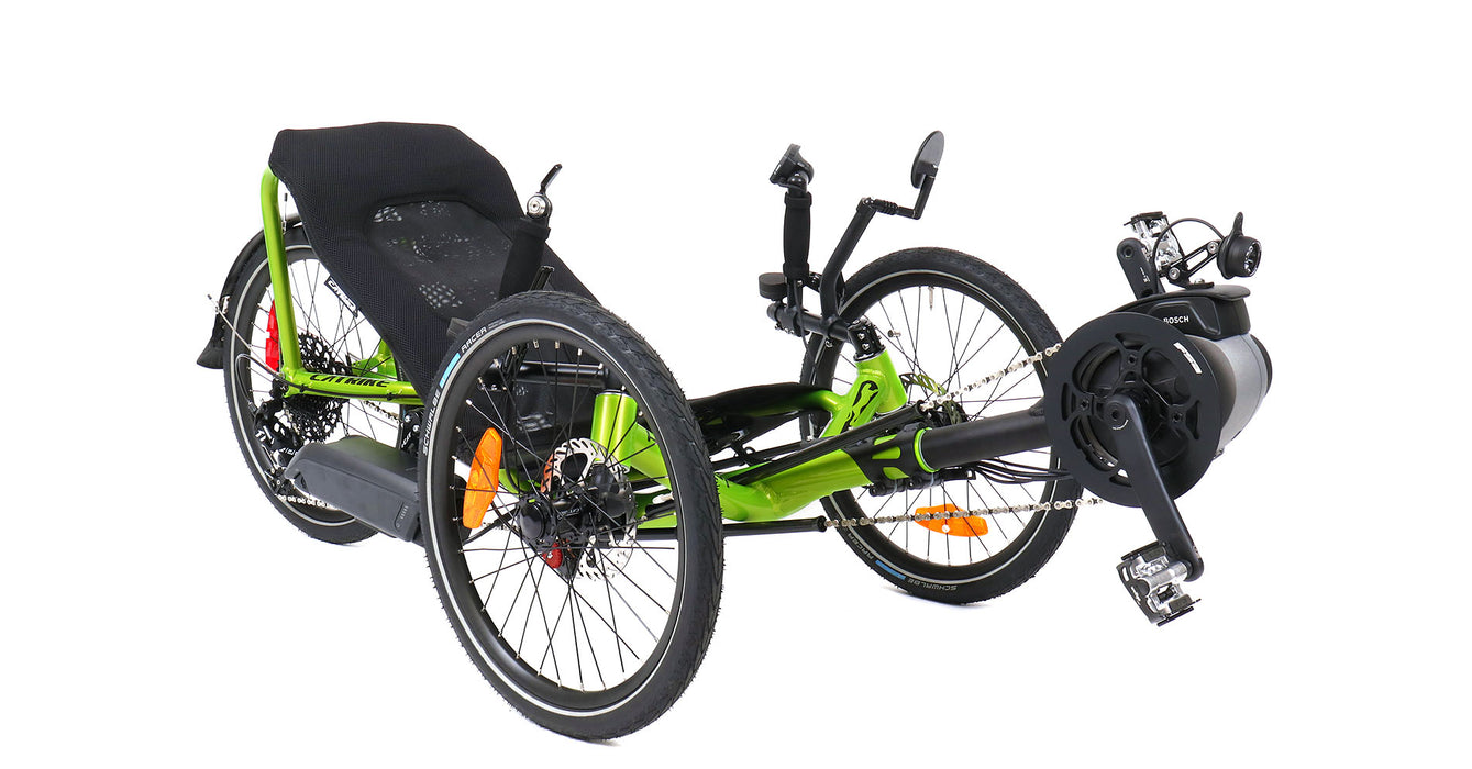 Catrike Pocket Bosch eCat Recumbent Trike Eon Green, studio front quarter view