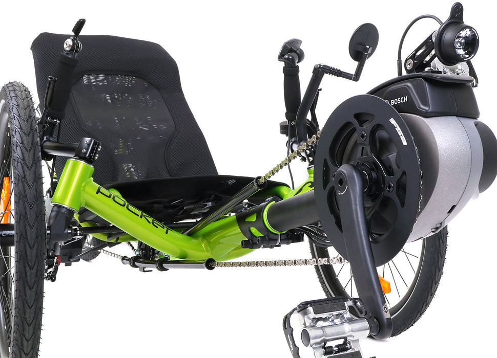 Catrike Pocket Bosch eCat Recumbent Trike Eon Green, studio front detail view