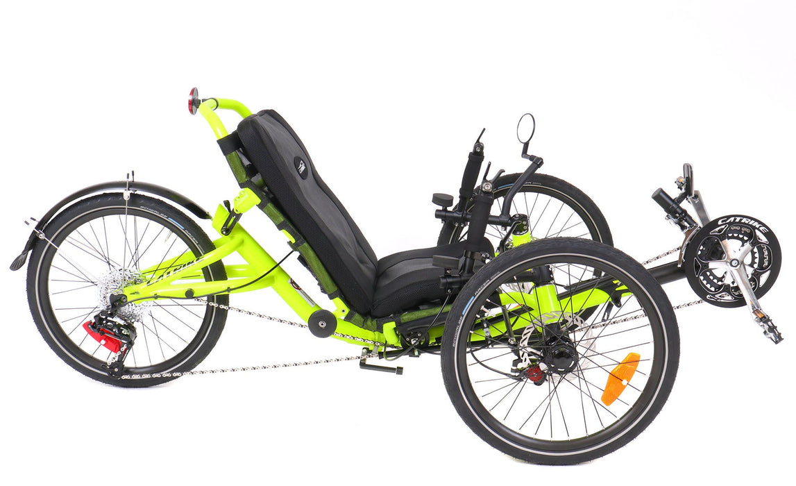 Right profile studio view of a Catrike Trail recumbent trike with a neon yellow frame, silver crank arms, black boom, black seat pad, three 20 inch wheels and a black rear fender.
