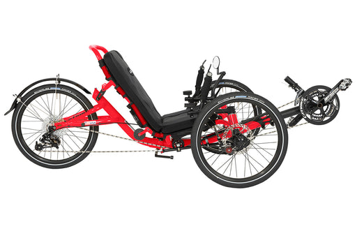 Right profile studio view of a Catrike Trail recumbent trike with a lava red frame, black crankset, black boom, black seat pad, three 20 inch wheels and a black rear fender.