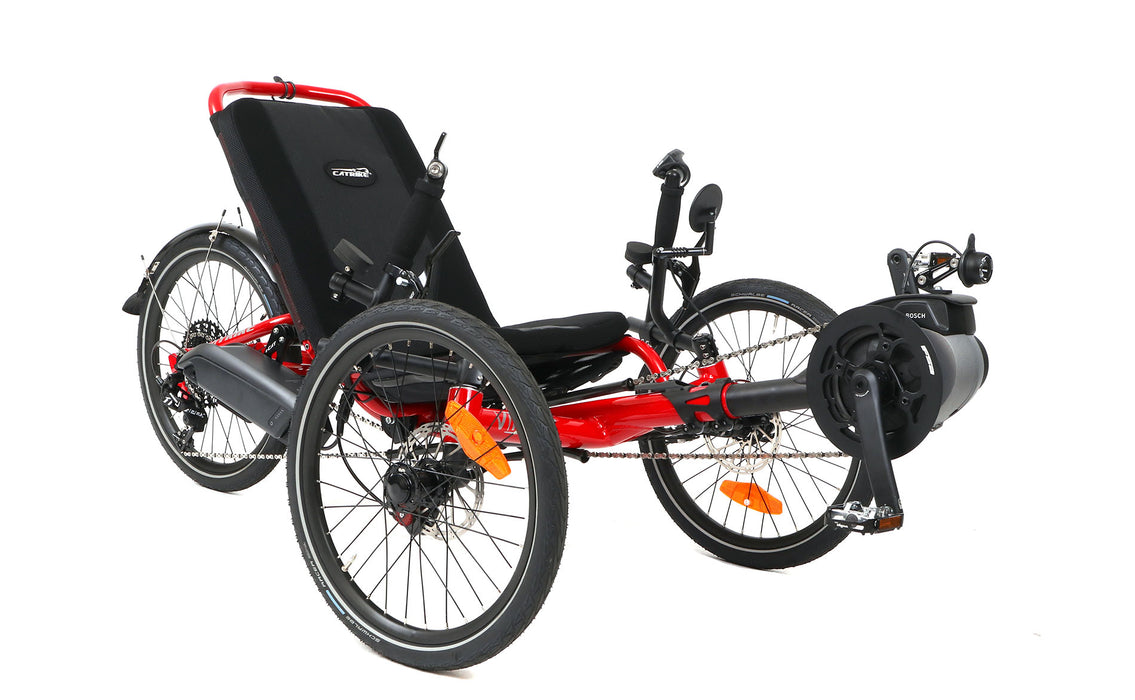 Catrike Villager Bosch eCat Lava Red electric assist recumbent trike angled front iew