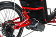 Catrike Villager Bosch eCat Lava Red electric assist recumbent trike close up view of Bosch battery, rear wheel, and cassette