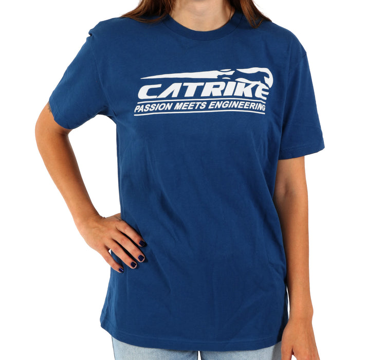 Catrike Passion Meets Engineering Heather Royal Blue T-Shirt, studio front view