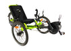 Catrike Villager Bosch eCat Eon Green electric assist recumbent trike angled front view of motor