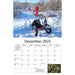 December 2025 features a snowy scene in Minnesota with a red recumbent fat trike.