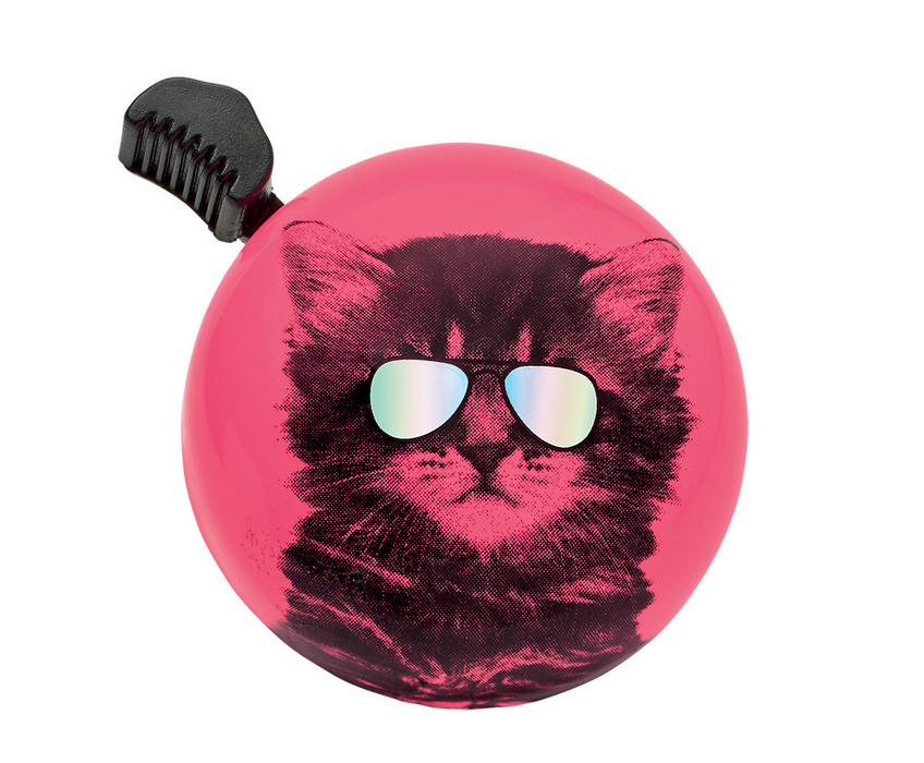 Electra Domed Ringer Bike Bell with a Cool Cat in black wearing mirrored sunglasses against a pink background.