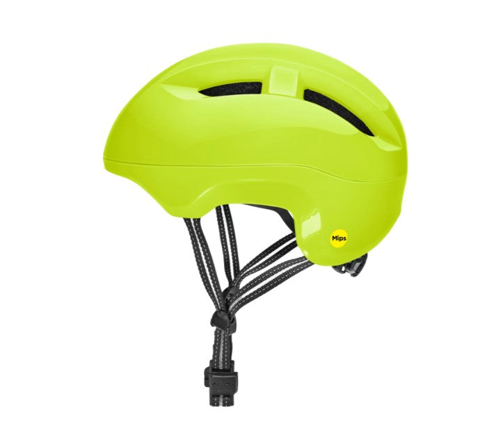 Side view of a yellow Electra Go! Mips helmet with black straps on a white background.