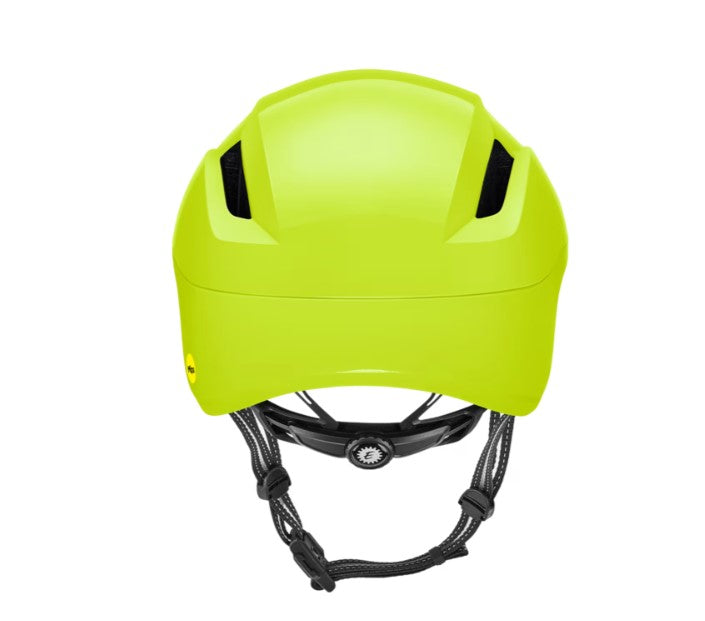 Back view of a yellow Electra Go! Mips helmet with black straps on a white background.
