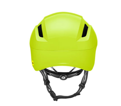 Back view of a yellow Electra Go! Mips helmet with black straps on a white background.