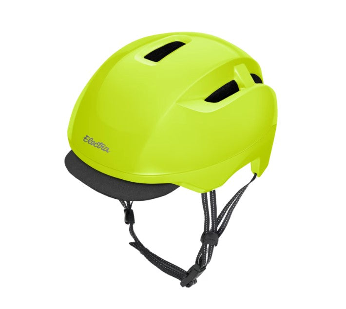Yellow Electra Go! Mips helmet with black straps on a white background