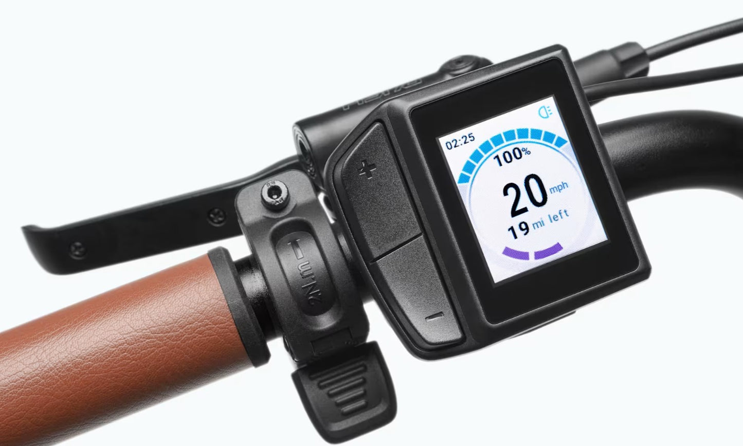 Bicycle handlebar with throttle lever and digital display showing battery level and time  and remaining.