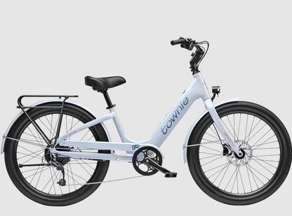 Grey Electra Townie Go! bicycle with 'Townie Go' branding on a light gray background
