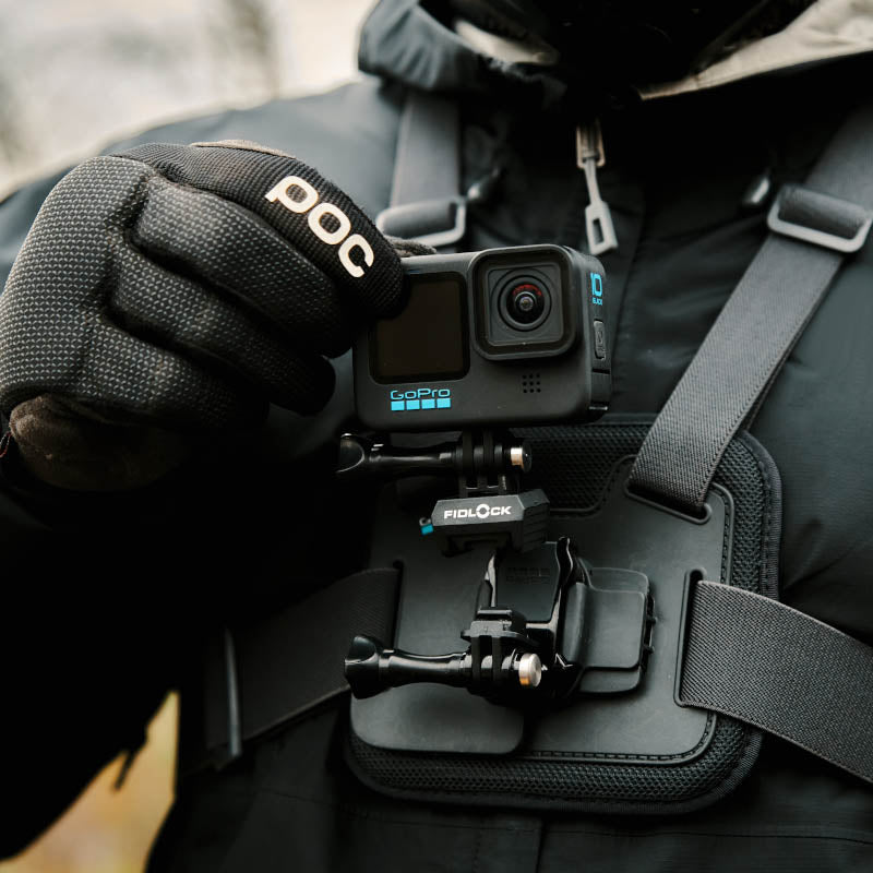 GoPro mounted to Fidlock PINCLIP Action Cam Mount on a chest mount