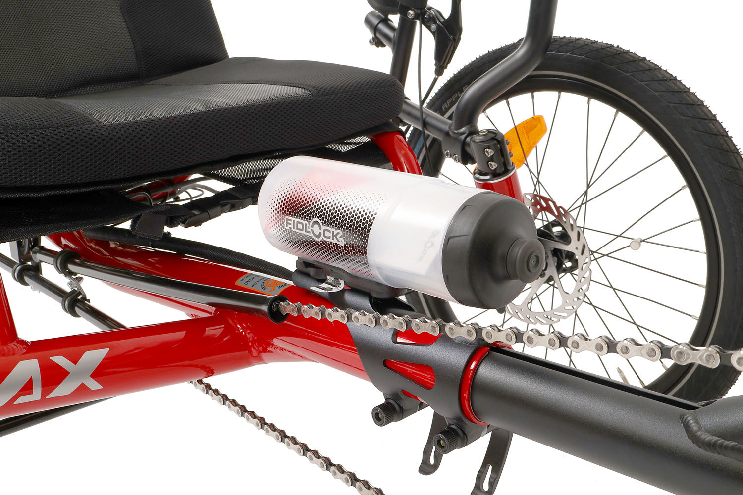Fidlock TWIST Bike Base, studio front quarter view shown mounted on trike with optional water bottle