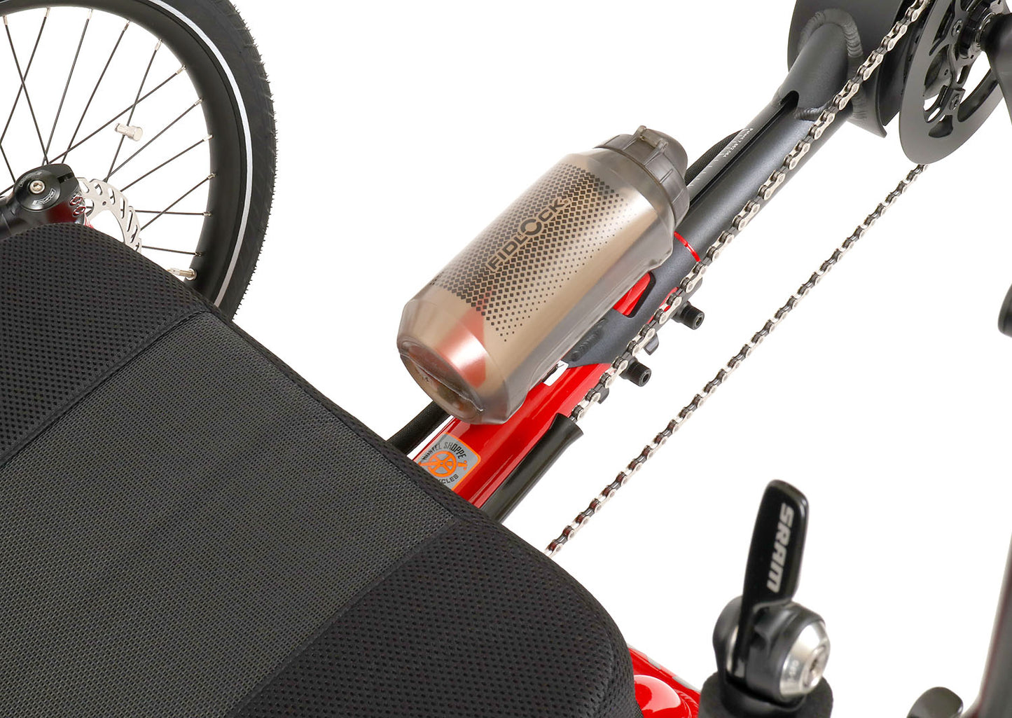 Fidlock TWIST 750 Compact Single Bottle, studio rear quarter view, shown mounted on trike