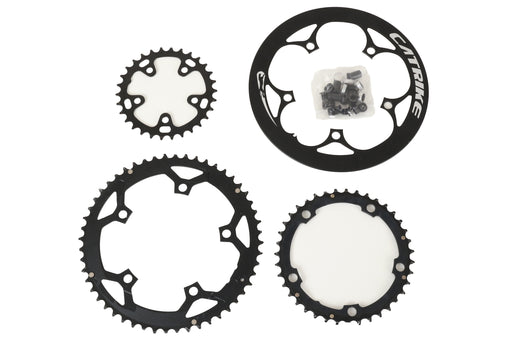 Full Speed Ahead Take-Off 30/39/52t 74/130mm BCD 5 Hole Black Chainrings with Catrike Bashguard and Crank Bolts studio image