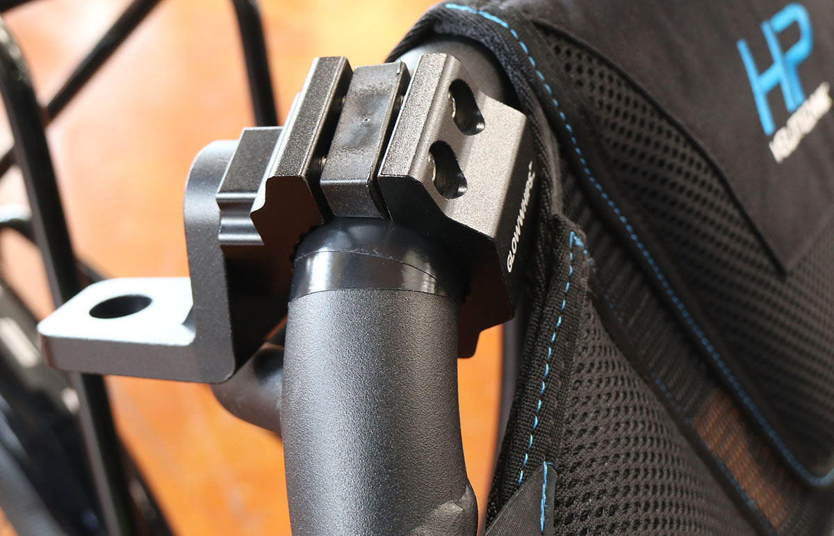 View of the Glowwhips 360 Degree Adjustable Bar Mount, shown mounted on an HPV trike.