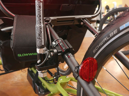 View of the Glowwhips 360 Degree Adjustable Bar Mount, shown mounted on a trike with a Glowwhip attached.