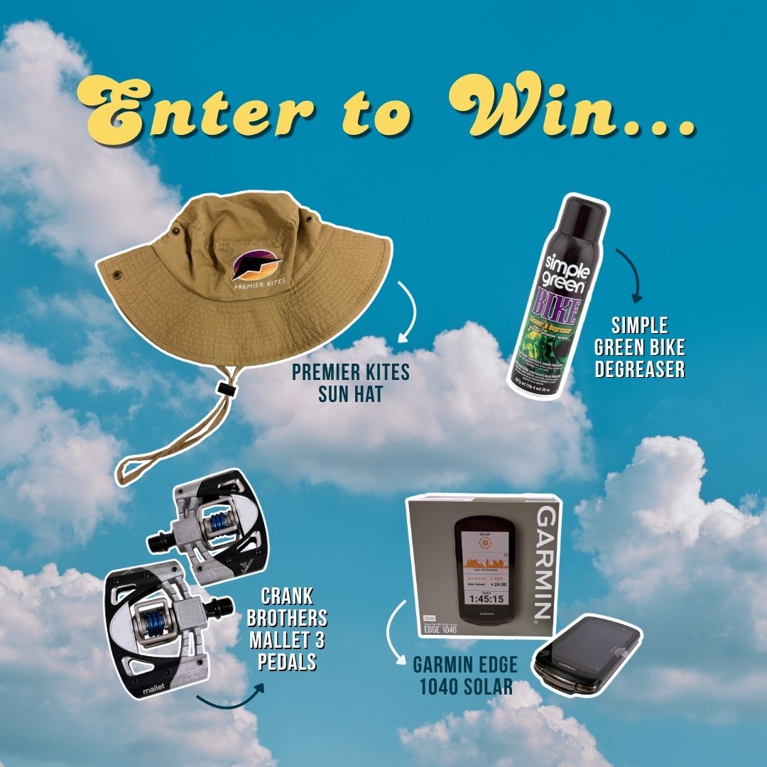 Promotional graphic with cycling-related items and 'Enter to Win' text against a blue sky background.