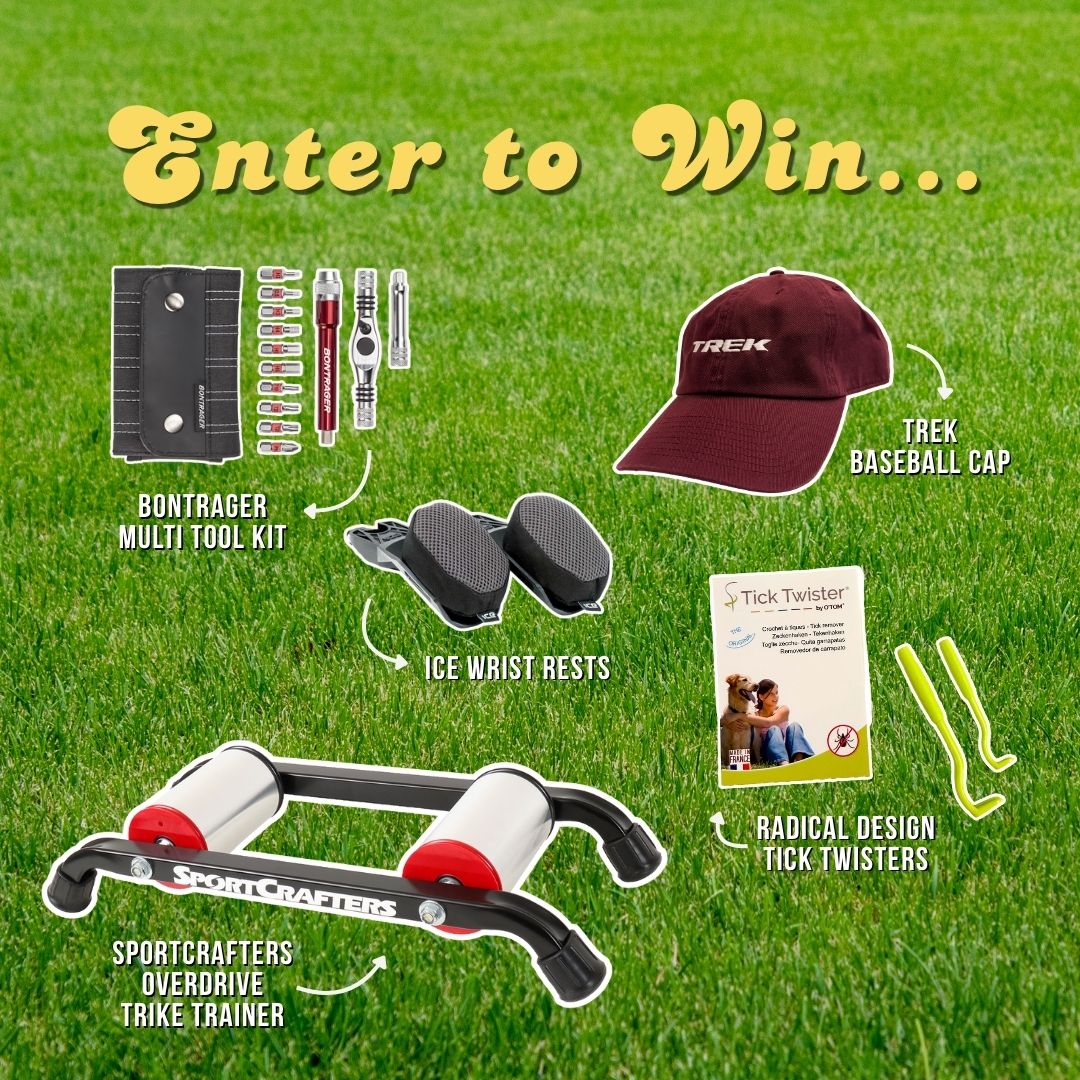 Promotional image of outdoor gear and accessories on a grass background with text 'Enter to Win'.