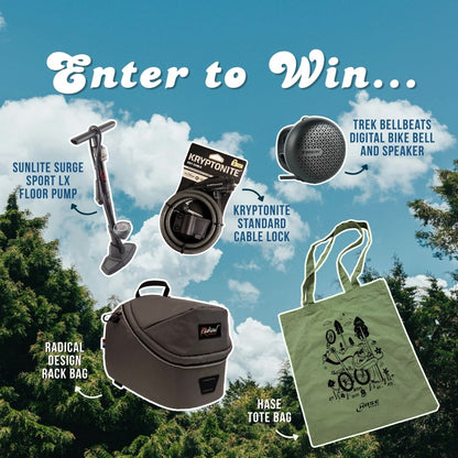 Promotional graphic with outdoor gear and 'Enter to Win' text against a blue sky with clouds.