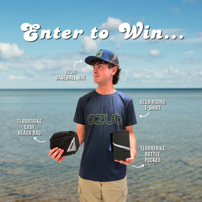 A man standing on a beach holding multiple branded Azub products, with text overlays reading 'Enter to Win.'