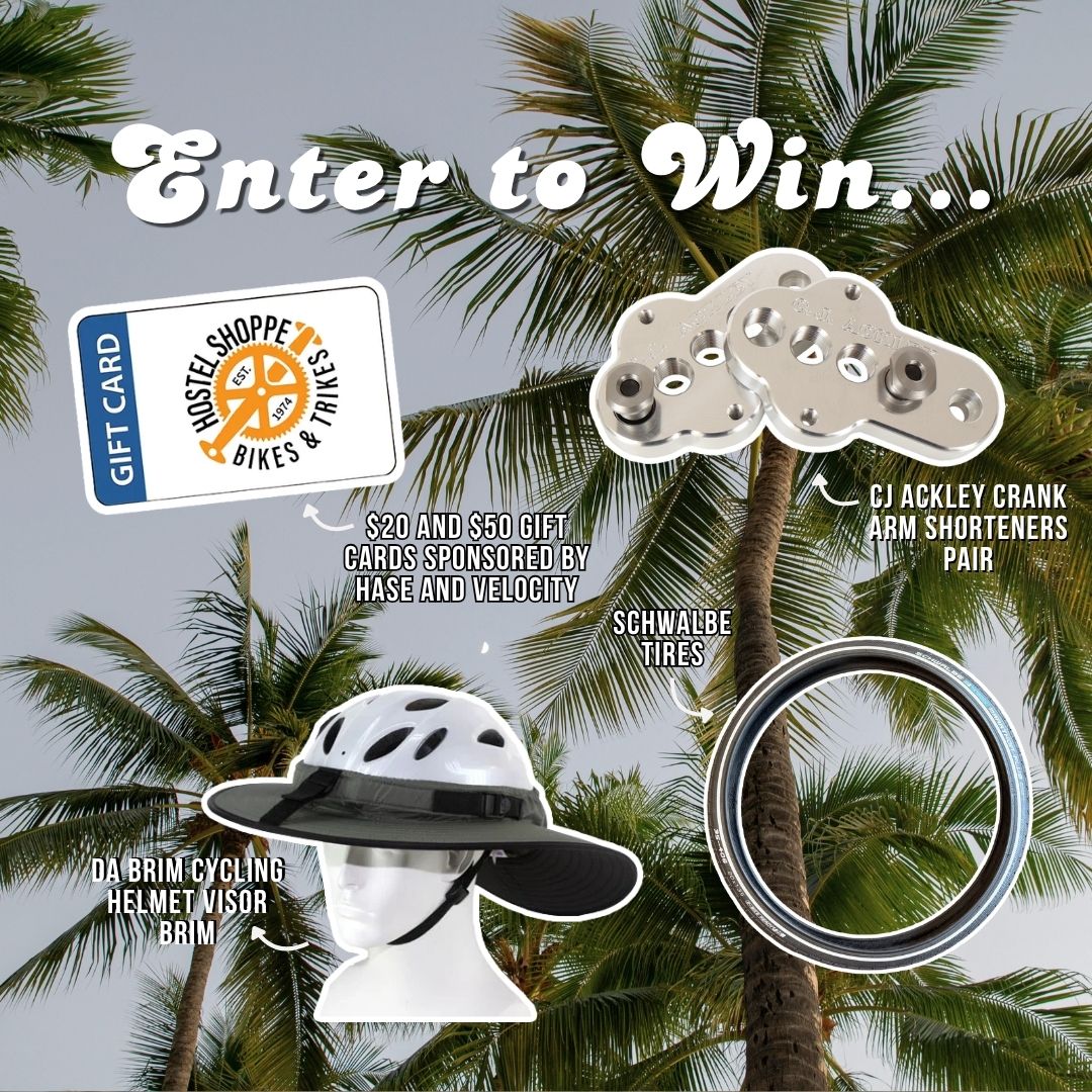 Promotional graphic for a cycling giveaway with palm tree background and text reading 'Enter to Win.'