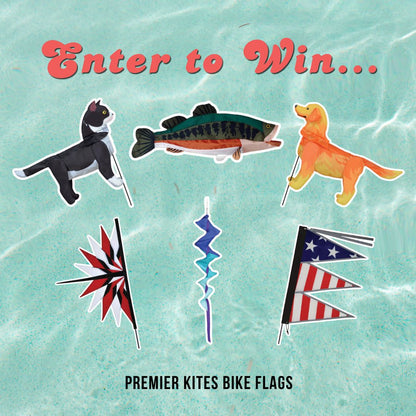 Promotional image for Premier Kites Bike Flags with cartoon cat, fish, dog, and flags on a light blue background.