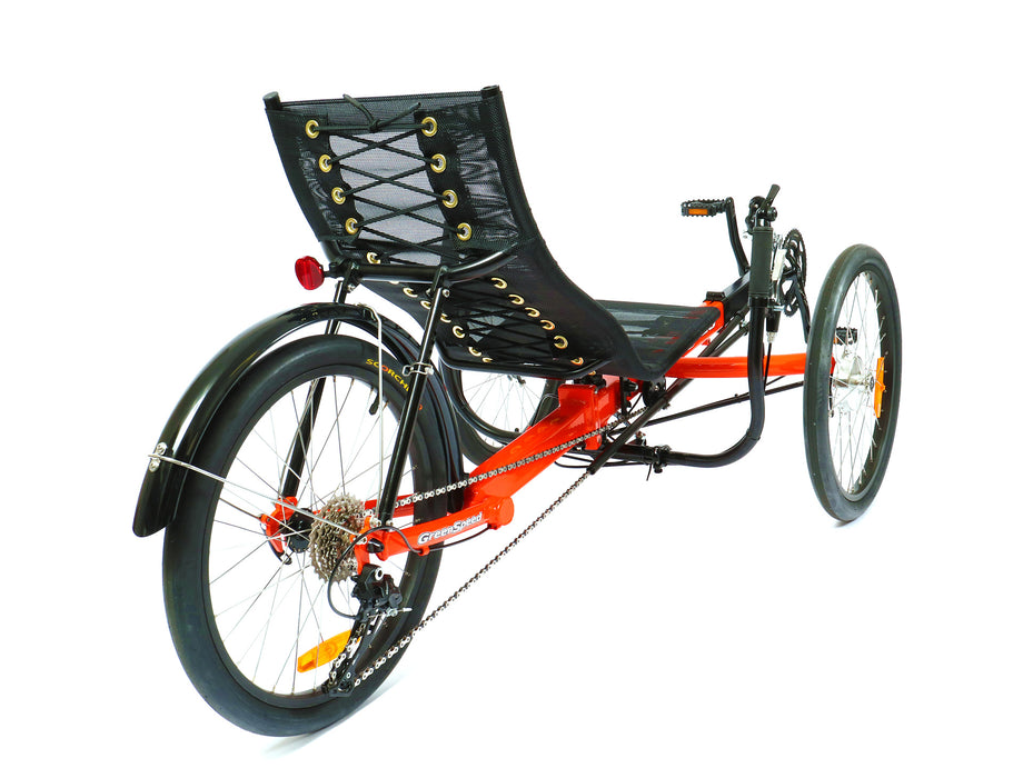 Greenspeed GT20 recumbent trike with 20 inch wheels, bright orange frame and black seat, back right profile view of rear wheel and back of seat.
