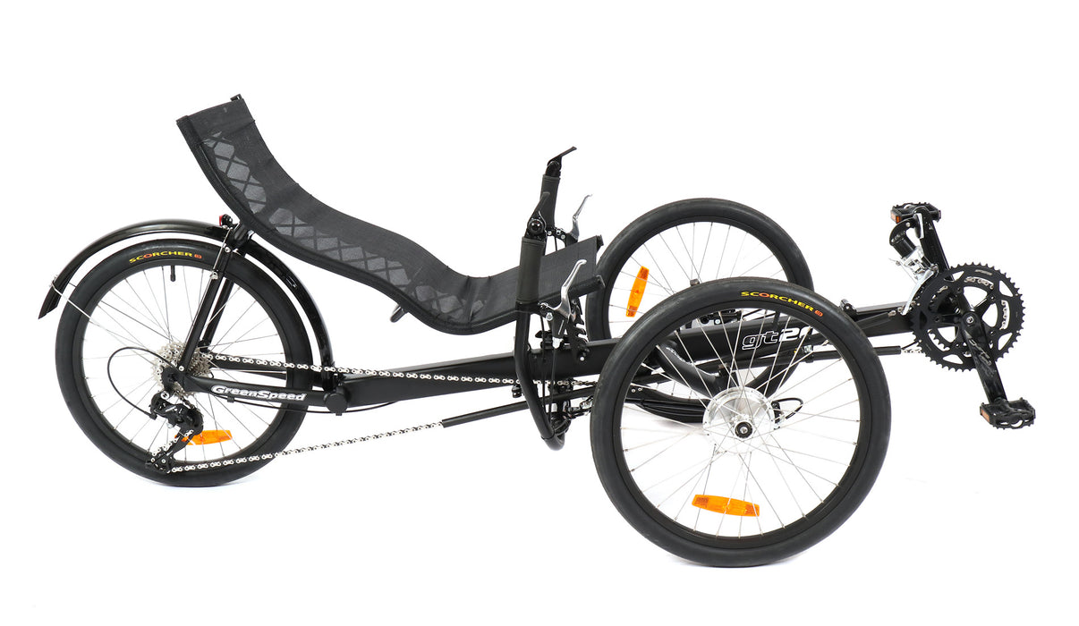 Greenspeed GT20 recumbent trike with 20 inch wheels, dark gray frame and black seat, right side profile view
