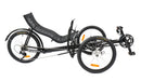 Greenspeed GT20 recumbent trike with 20 inch wheels, dark gray frame and black seat, right side profile view