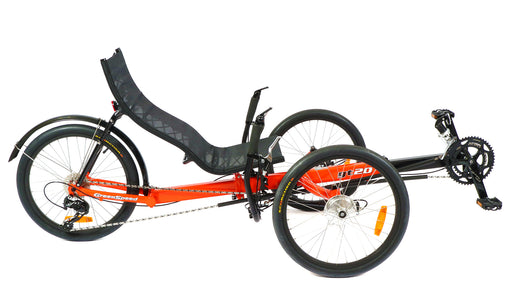 Greenspeed GT20 recumbent trike with 20 inch wheels, bright orange frame and black seat, right side profile view