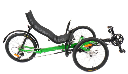 Greenspeed GT20 recumbent trike with 20 inch wheels, bright green frame and black seat, right side profile view