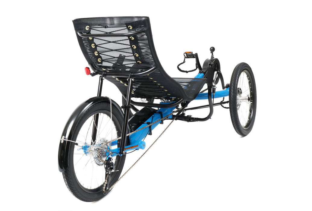 Greenspeed Magnum XL Active Line Plus Bosch Coral Blue Recumbent Trike, studio rear quarter view