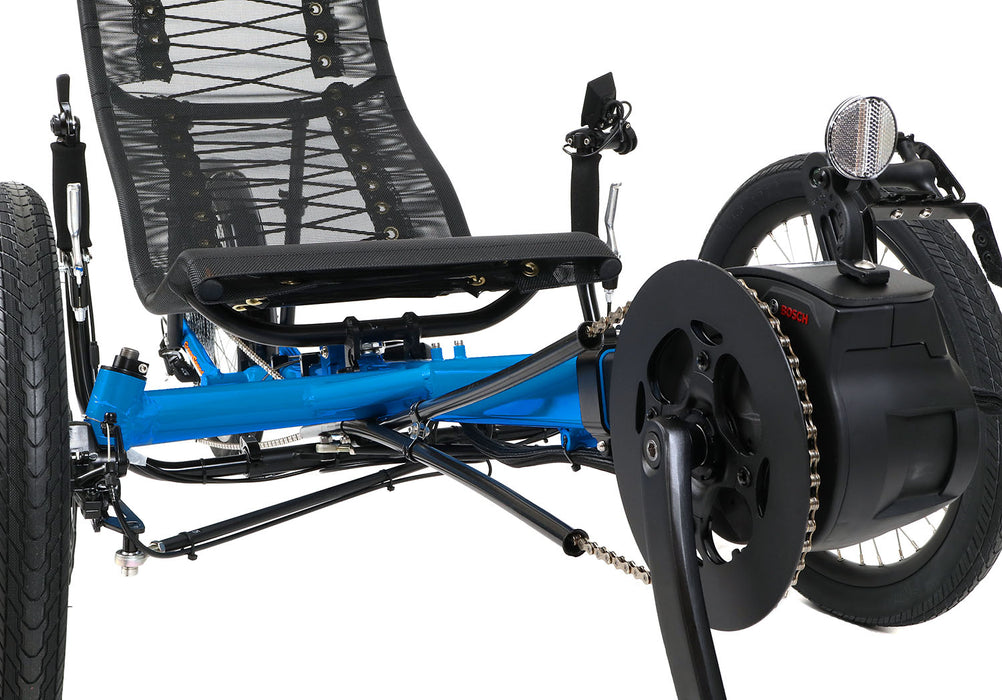 Greenspeed Magnum XL Active Line Plus Bosch Coral Blue Recumbent Trike, studio front detail view