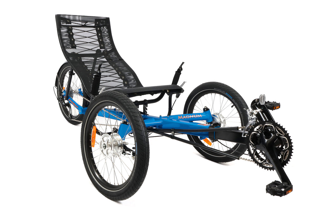 Greenspeed Magnum XL recumbent trike with bright blue frame, orange decals, black boom and crankset. Front angle view.