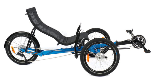 Greenspeed Magnum XL Coral Blue Recumbent Trike with a bright blue frame and orange decals, black 20 inch wheels and black seat. Right profile view