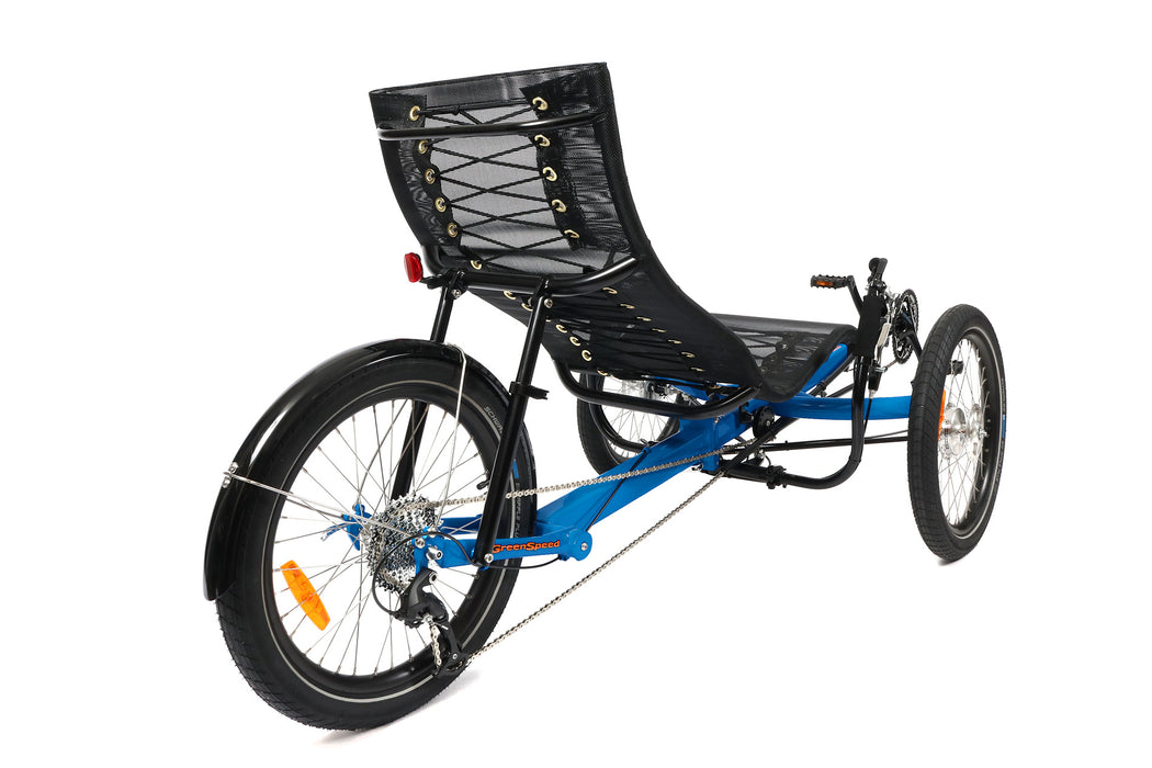 Greenspeed Magnum XL recumbent trike with bright blue frame and orange decals, black 20 inch wheel and seat.  Back view