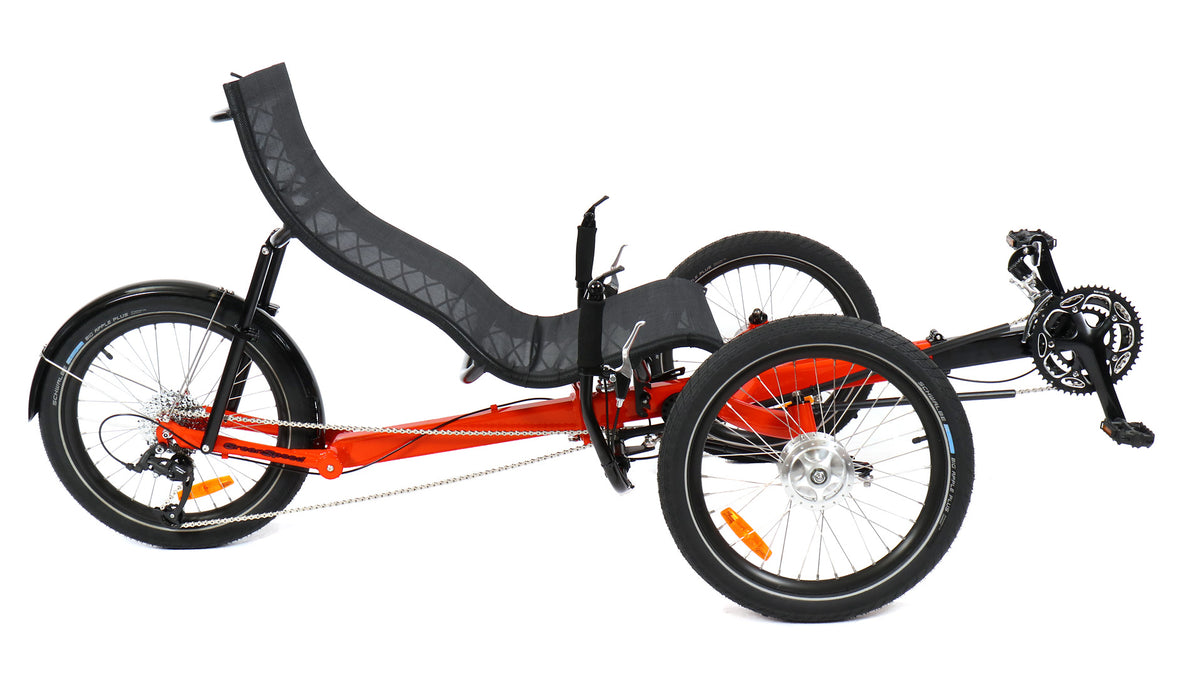 Greenspeed Magnum XL recumbent trike in bright orange frame with black decals, black 20 inch wheels, boom, and seat.  Right profile view.