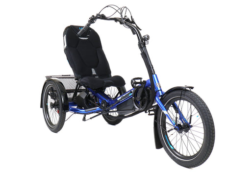 HP Velotechnik Delta TX Shimano STEPS EP801 Electric Assist Cues Electronic Shifting Blue Flash Recumbent Trike studio front quarter view