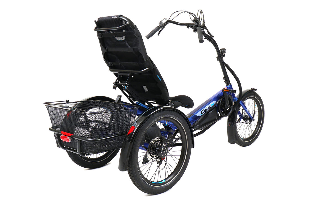 HP Velotechnik Demo Delta TX Shimano STEPS EP801 Cues Blue Flash Recumbent Trike, Studio Rear Quarter View