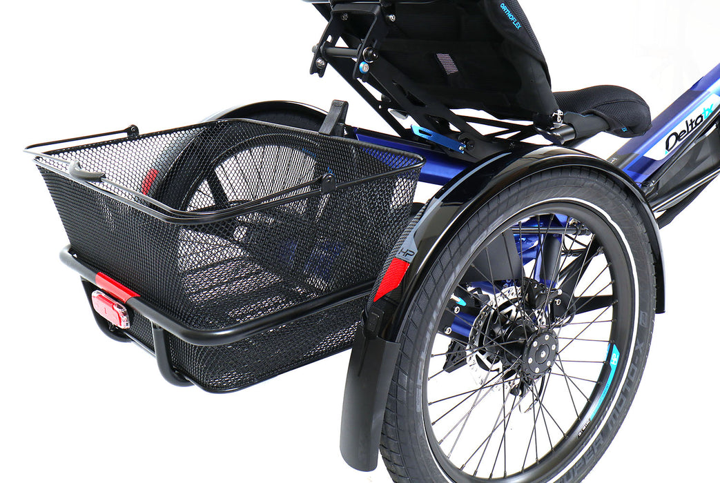 HP Velotechnik Demo Delta TX Shimano STEPS EP801 Cues Blue Flash Recumbent Trike, Studio Rear Detail View