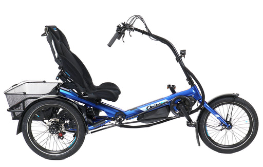 HP Velotechnik Delta TX Shimano STEPS EP801 Electric Assist Cues Electronic Shifting Blue Flash Recumbent Trike studio side view