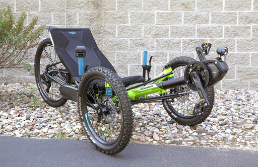 HP Velotechnik Demo Scorpion fs 26 Enduro Shimano STEPS EP8 630Wh Green Recumbent Trike, Front Quarter View