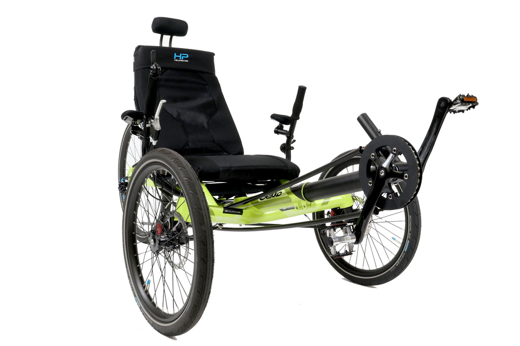 HP Velotechnik Gekko 26 Comfort Recumbent Trike Lime Green Studio Image front quarter view