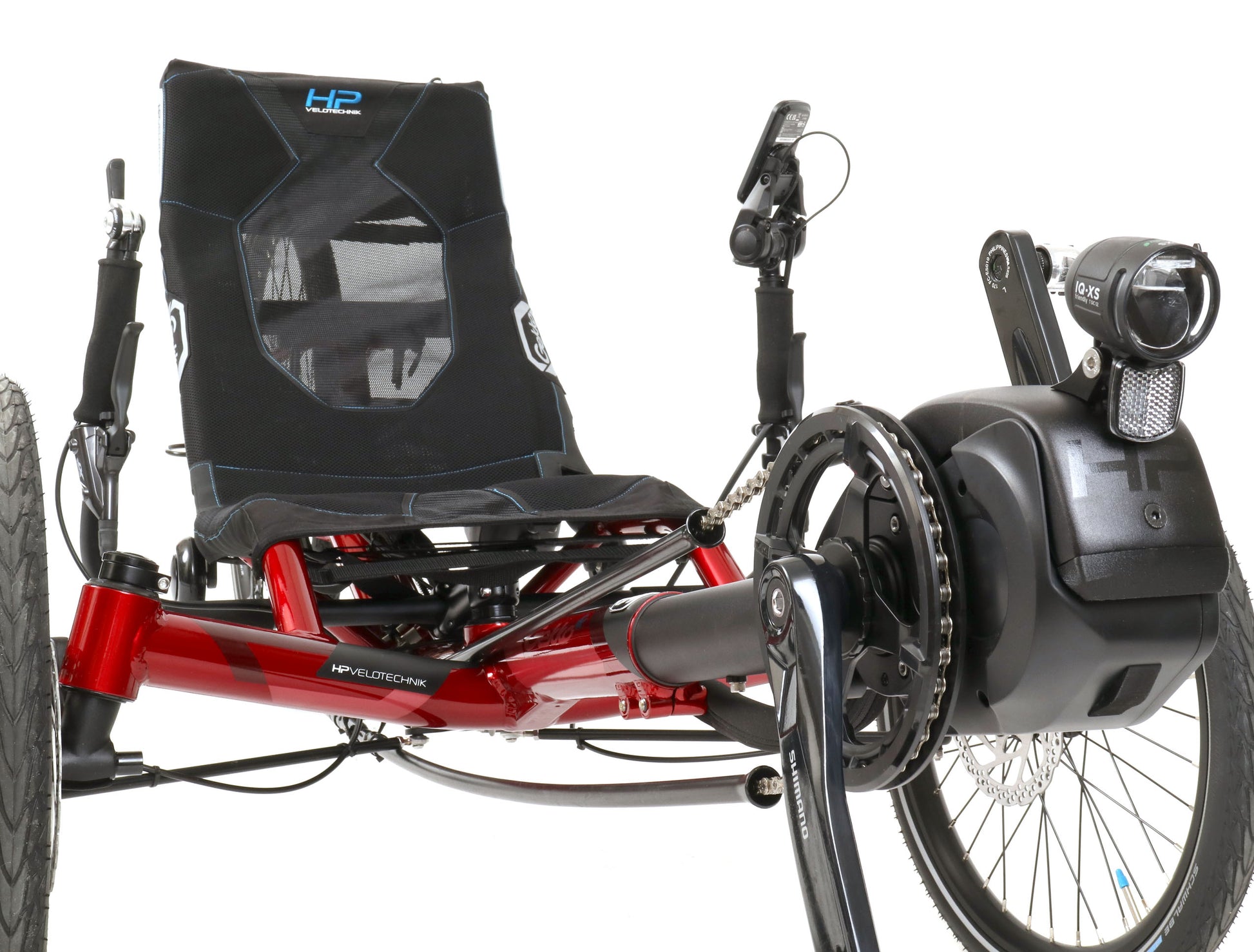 HP Velotechnik Gekko fx 26 Shimano Steps 5000 Magma Red, studio front detail view