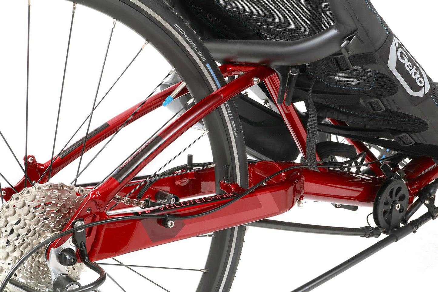 HP Velotechnik Gekko fx 26 Shimano Steps 5000 Magma Red, studio rear detail view